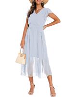 GRECERELLE Womens Summer Wrap Dress Chiffon Cute Casual V Maxi Blue,