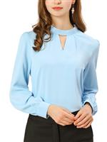 Allegra K Women's Work Office Shirt Keyhole Elegant Stand Blue M-12