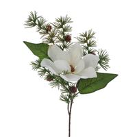 Gisela Graham 12 x White Farbic Magnolia w Leaf/Fir Branch