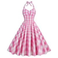 Women Vintage Retro Dress Spaghetti Strap 1950s Halter-Pink White
