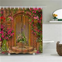 JIANGLANY Floral Shower Curtain Roman Italy Wall House with Red 71