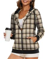 Anyally Women Full Zip Up Flannel Plaid Hoodie Comfy Drawstring Black