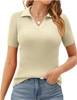 KISSMODA Womens Short Sleeve Lapel V Neck T Shirts Ribbed Knit Slim
