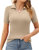 KISSMODA Short Sleeve Tops for Women Lapel V Neck Ribbed Knit Sexy