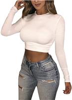 Artfish Ladies Long Sleeve Stretchy Crop Top Slim Fitted Sexy White,XL