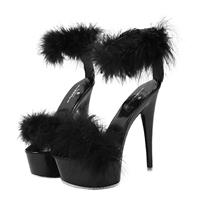 Women High Heels Sandals with Feather Fashion Sandals Fluffy 1 Black
