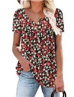 KISSMODA Womens Casual Tunic Tops Short/Long Sleeve V Redwhite Small