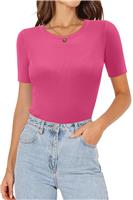KISSMODA Ladies Crew Neck Tops Short Sleeve T Shirts Slim Ribbed Knit