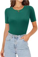KISSMODA Women Ribbed T Shirts Short Sleeve Crew Neck Blouses A-Green