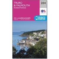 OS Landranger 204 Truro & Falmouth, Roseland Peninsula Map, Pink