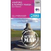Landranger Active 189 Ashford & Romney Marsh, Rye & Folkestone Map With Digital Version, Pink