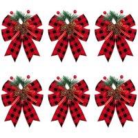 Living and Home 6 Pack Christmas Tree Topper Bows Plaid Xmas Tree Ornaments for Holiday Home Dcor in Red