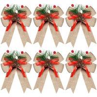 Living and Home 6 Pack Gold Christmas Tree Topper Bows with Pinecones, Green Pine Needles & Red Berries