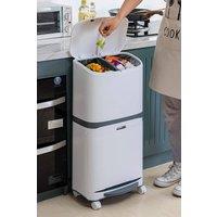 Living and Home 48L Rubbish Bin Pedal Waste Dustbin 3 Compartments Recycling Trash Can with Wheels Detachable Divider in White