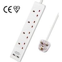 Living and Home Outlet Extender with 3M Cable, 2 USB Ports and 4 Outlets in White