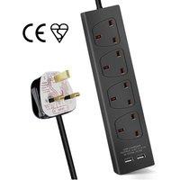 Living and Home Outlet Extender with 3M Cable, 2 USB Ports and 4 Outlets in Black