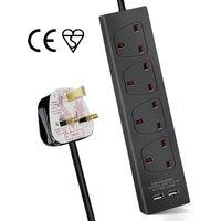 Living and Home Outlet Extender with 1M Cable, 2 USB Ports and 4 Outlets in Black