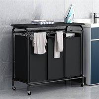 Living and Home Bathroom 3-Section Hamper Triple Bag Rolling Laundry Sorter With Lift-Up Ironing Board in Black
