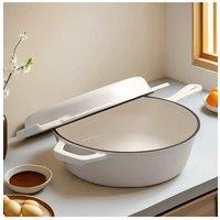 Living and Home 2 in 1 Enamel Cast Iron Dutch Oven with Skillet Lid Combo Cooker Pot Pan for Induction , Grill , Stovetop in White