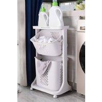 Living and Home 2 Compartments Laundry Basket Bathroom Clothes Storage on Wheels in White
