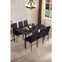 Living and Home 7-Piece Dining Table Set of 6 Modern Faux Leather Dining Chairs and 1.4M Tempered Glass Table in Black