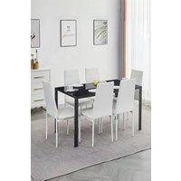 Living and Home 7-Piece Dining Table Set of 6 Modern Faux Leather Dining Chairs and 140cm Tempered Glass Table in White