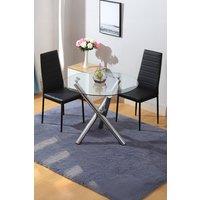 Living and Home 3 pcs Dining Table Set of Modern Faux Leather Dining Chairs and Tempered Glass Round Table in Black