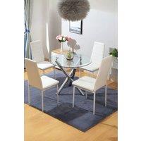 Living and Home 5-Piece Dining Table Set of Modern Faux Leather Dining Chairs and Tempered Glass Round Table in White
