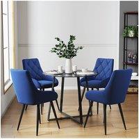 Living and Home 3-Piece of 2 x Dining Table Set of Velvet Dining Chairs and 1 x Tempered Glass Round Table in Blue