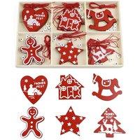 Living and Home Christmas Tree Wooden Hanging Ornament Set in Red