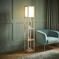 ValueLights Struttura Pastel Wooden Shelving Floor Lamp with Fabric Shade in Baby Pink