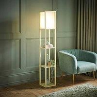 ValueLights Struttura Pastel Wooden Shelving Floor Lamp with Fabric Shade in Yellow
