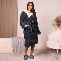 OHS Flannel Fleece Hooded Dressing Gown Sherpa Bathrobe in Dark Grey | Size: M/L