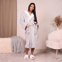 OHS Flannel Fleece Hooded Dressing Gown Sherpa Bathrobe in Silver | Size: M/L