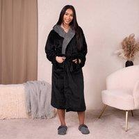 OHS Flannel Fleece Hooded Dressing Gown Sherpa Bathrobe in Black | Size: M/L
