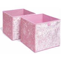 OHS Pair of 2 Crushed Velvet Stylish Folding Storage Box Cube in Baby Pink