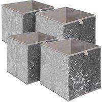 OHS Pack of 4 Crushed Velvet Folding Storage Box Cube in Charcoal
