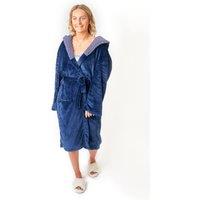 OHS Flannel Fleece Hooded Dressing Gown Sherpa Bathrobe in Midnight