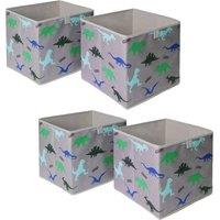 OHS Pack of 4 x Dinosaur Print Cube Storage Boxes in Light Grey