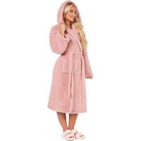 OHS Teddy Fleece Long Dressing Gown Warm House Coat Hooded in Pink