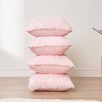 OHS Set of 4 Fluffy Shaggy Filled Cushion with Cover Square in Light Pink | Size: 45cm x 45cm