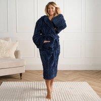 OHS Ribbed Fleece Dressing Gown Loungewear Bathrobe in Dark Navy