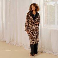 OHS Leopard Flannel Fleece Dressing Gown Bathrobe in Natural