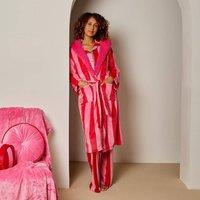 OHS Stripe Flannel Fleece Dressing Gown Bathrobe in Pink