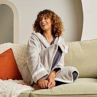 OHS Piped Edge Dressing Gown Flannel Fleece Bathrobe in Grey