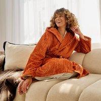 OHS Ribbed Fleece Dressing Gown Loungewear Bathrobe in Burnt Orange