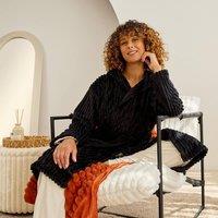 OHS Ribbed Fleece Dressing Gown Loungewear Bathrobe in Black