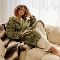 OHS Ribbed Fleece Dressing Gown Loungewear Bathrobe in Olive