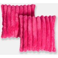 OHS 2 Pack Jumbo Soft Faux Fur Ribbed Decorative Square Cushion Covers in Bright Pink | Size: 45cm x 45cm