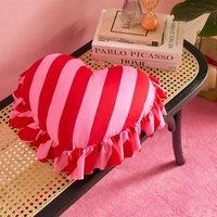 OHS Heart Shaped Frill Candy Stripe Scatter Cushion in Bright Pink